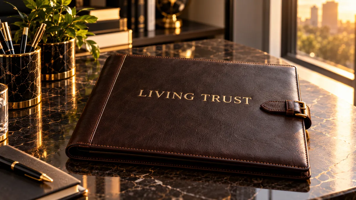 Close up of a leather-bound document folder with 'LIVING TRUST' stamped in gold