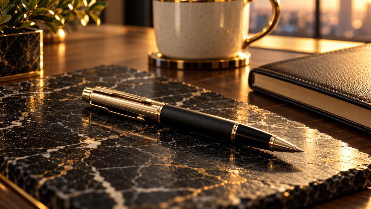 Close up of a pen resting on a dark surface in warm lighting