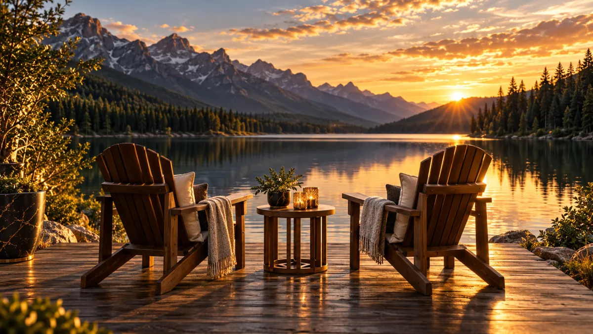 Two wooden adirondack chairs facing a calm lake and mountains at sunset