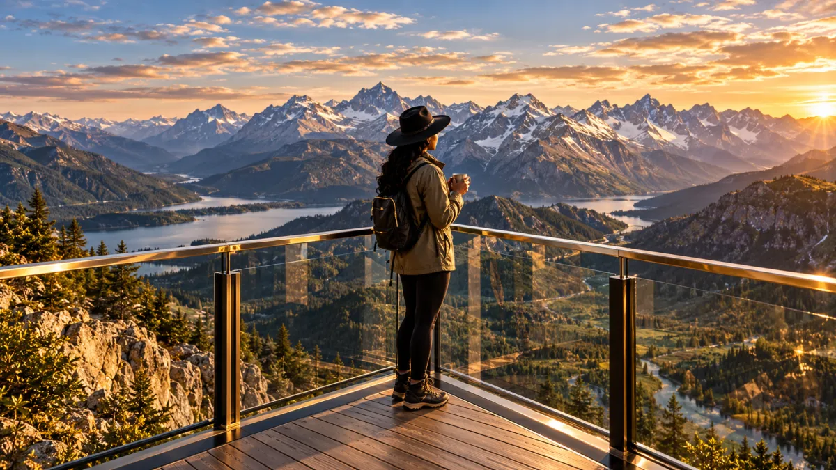 Woman in a hat looking out at a mountain range