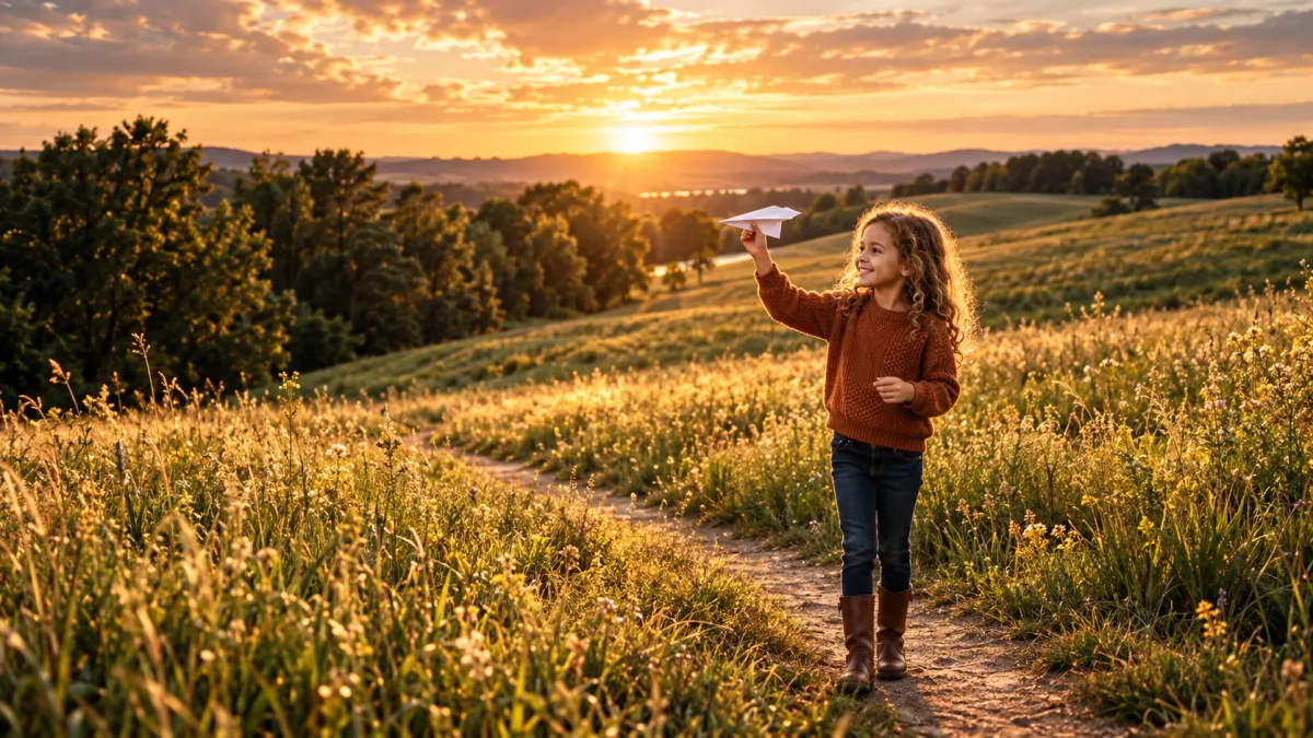 Child holding a paper airplane in a field at sunset