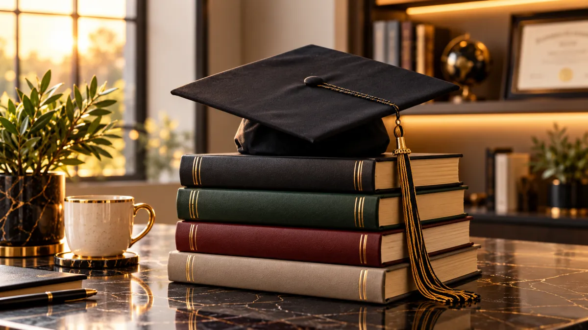 Graduation cap and tassel resting on a stack of books