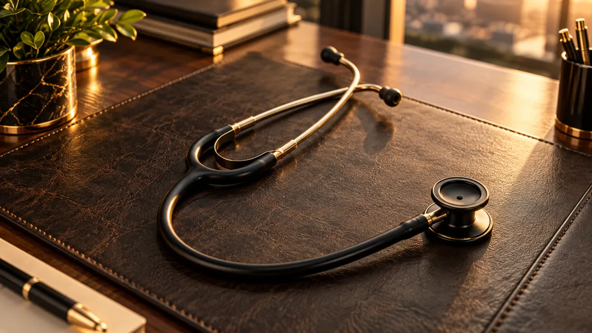 Stethoscope resting on a dark leather surface