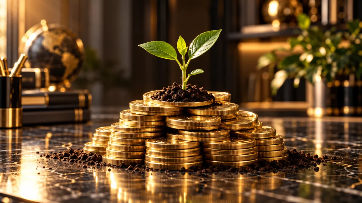 A small plant sprouting from a stack of gold coins against a dark background
