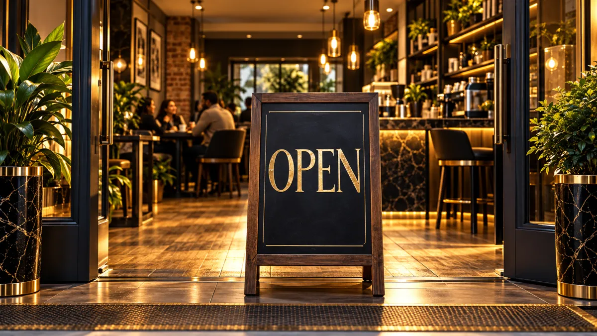 A chalkboard sign saying 'OPEN' in a dimly lit shop or cafe