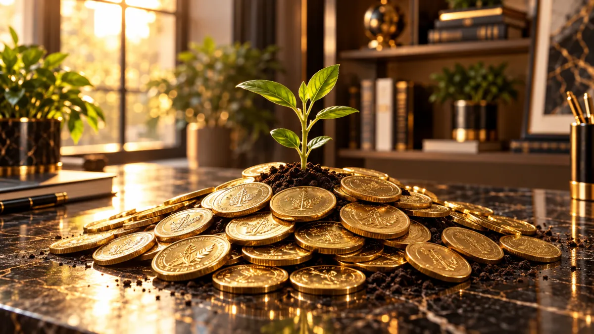 A small plant sprouting from a pile of gold coins, warm sunlight