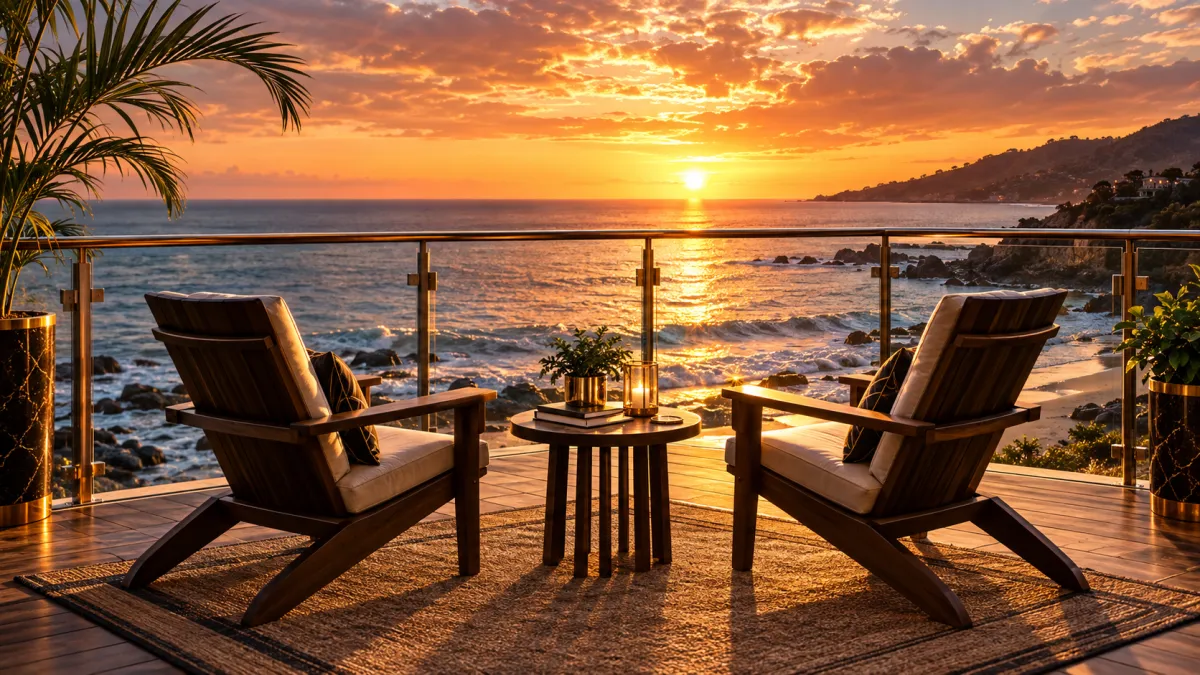Two adirondack chairs facing the ocean at sunset