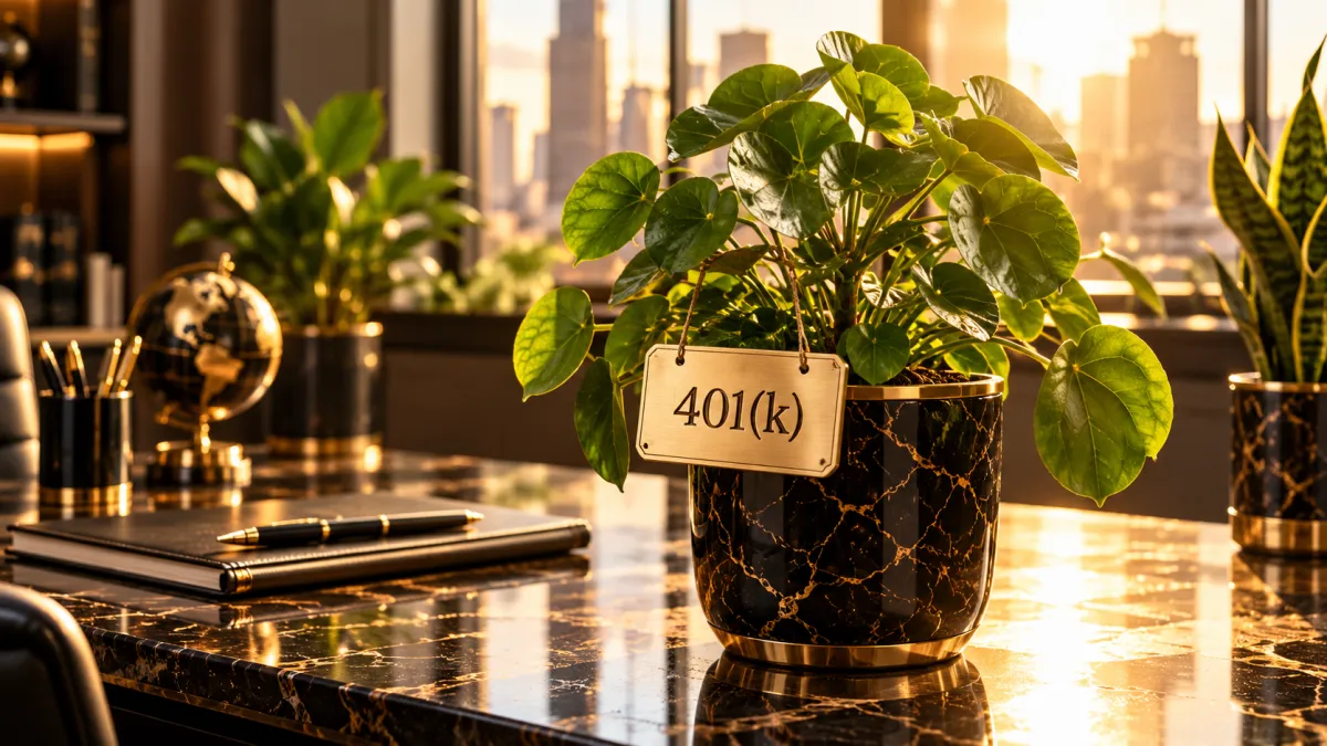 A wooden sign that says '401(k)' hanging on a potted plant