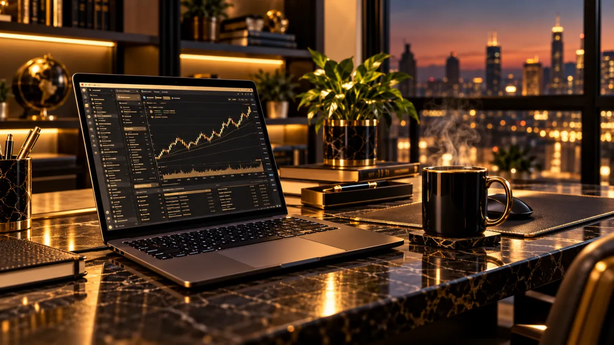 A laptop and a mug on a desk in a dark room