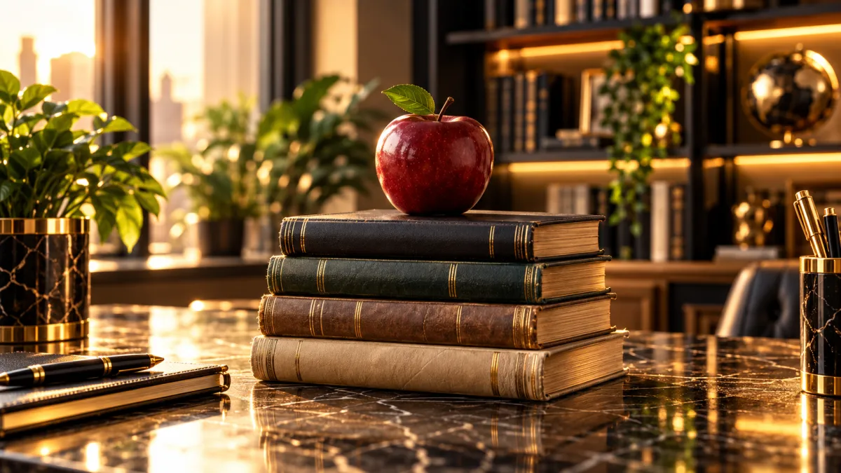 A red apple resting on a stack of old books