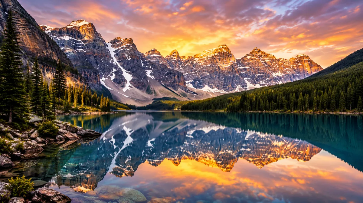 Scenic landscape of mountains reflecting in a calm lake at sunrise or sunset.