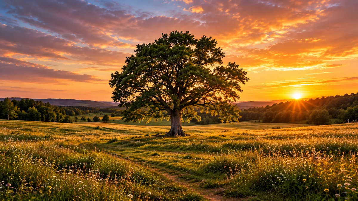 Large, majestic tree in an open field, bathed in warm sunset light.