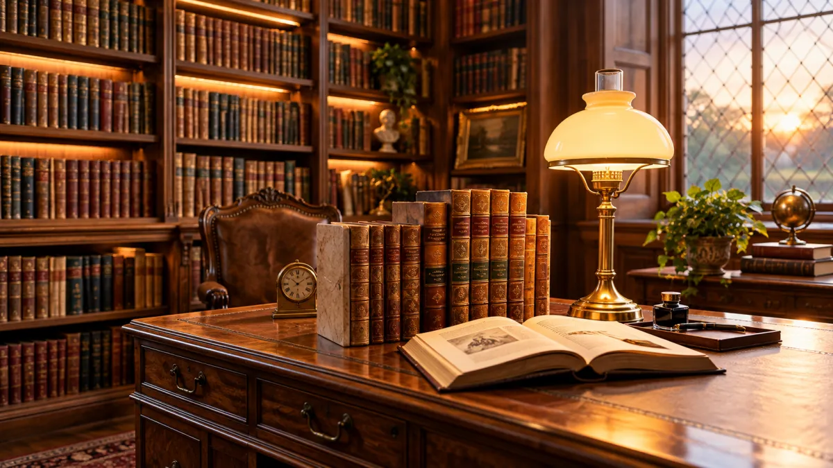 Classic library or study setting with leather-bound books stacked on a desk and a glowing lamp.