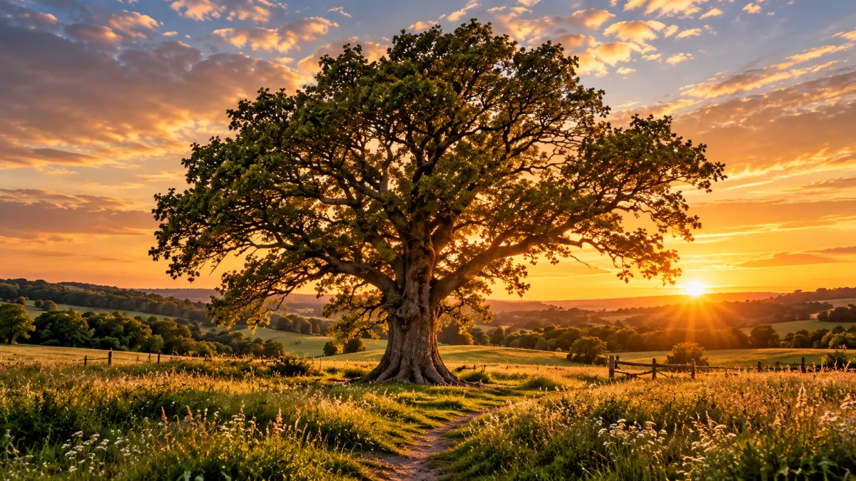 Massive, ancient oak tree with sprawling branches glowing in golden hour light.