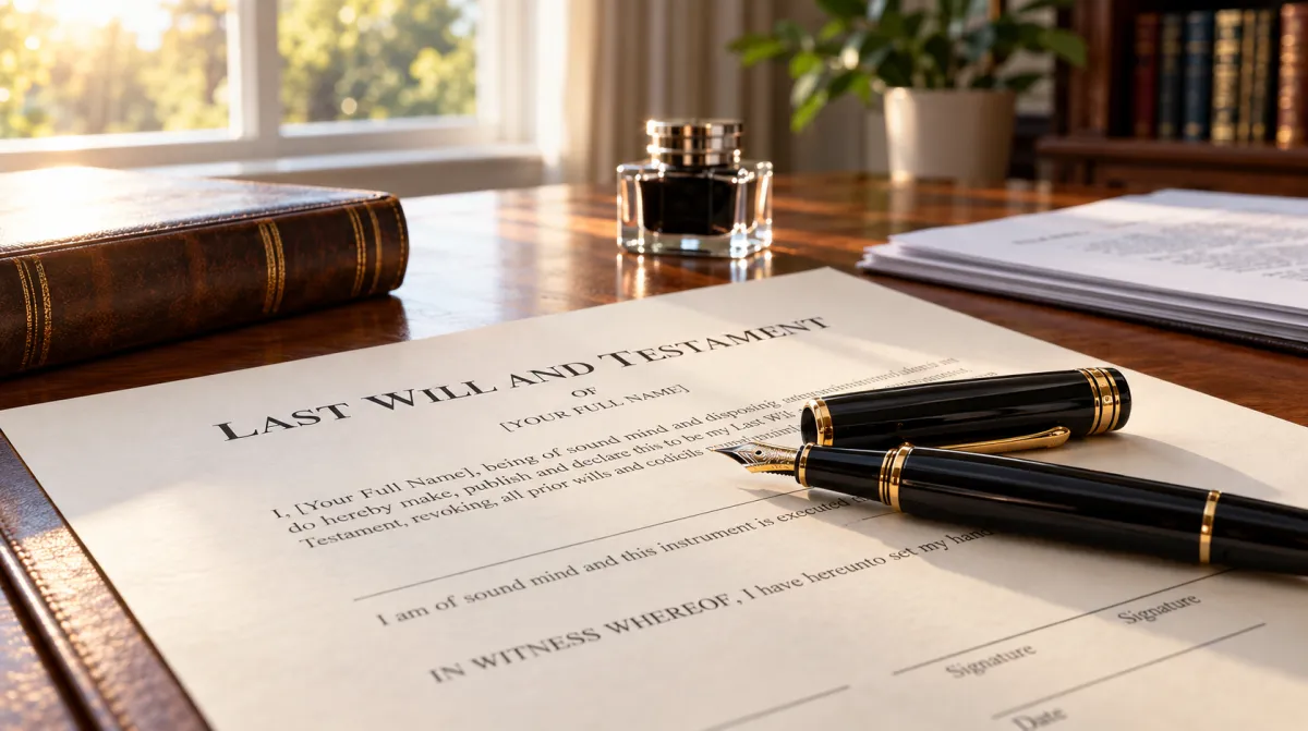 Close-up of a fountain pen resting on a document titled 'LAST WILL AND TESTAMENT'.