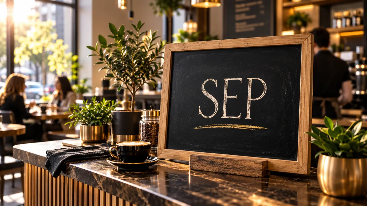 Chalkboard sign with 'SEP' written on it