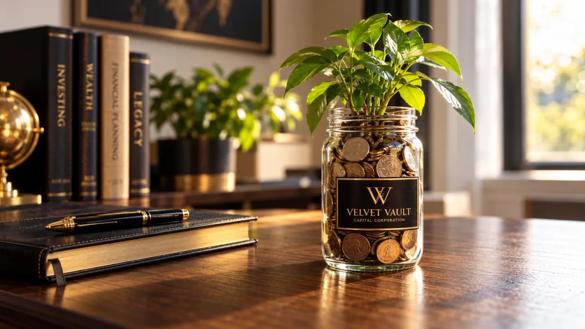 Glass jar filled with coins and a small plant growing out of it