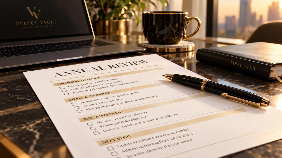 Close-up of a pen resting on an 'Annual Review' checklist document.