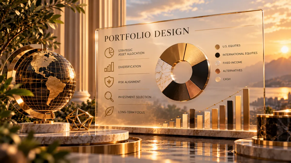 Laptop screen displaying a financial portfolio pie chart, sitting on a dark wooden desk.
