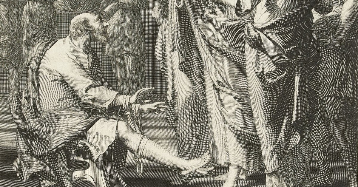 Agabus with his hands and feet bound.
