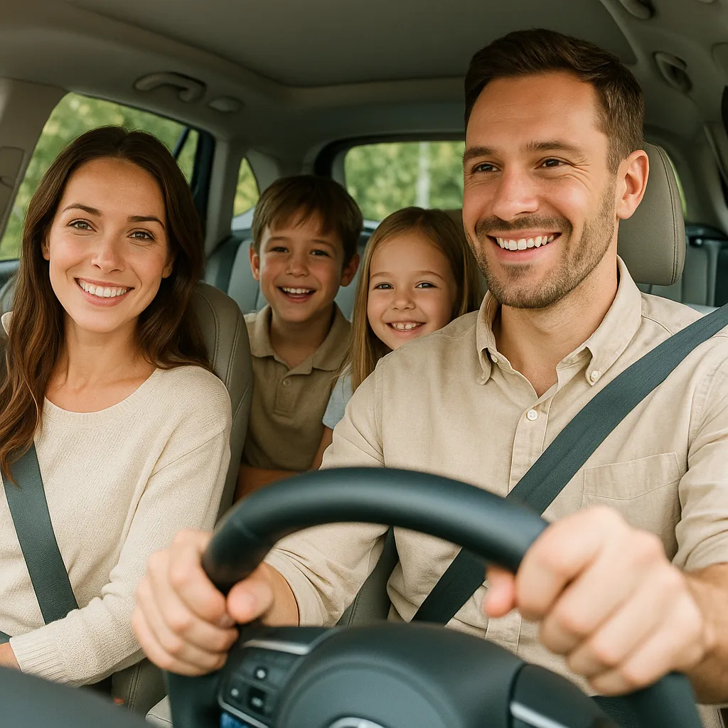 una familia dentro de un auto que representa la tranquilidad de tener beneficios adicionales en una póliza de auto