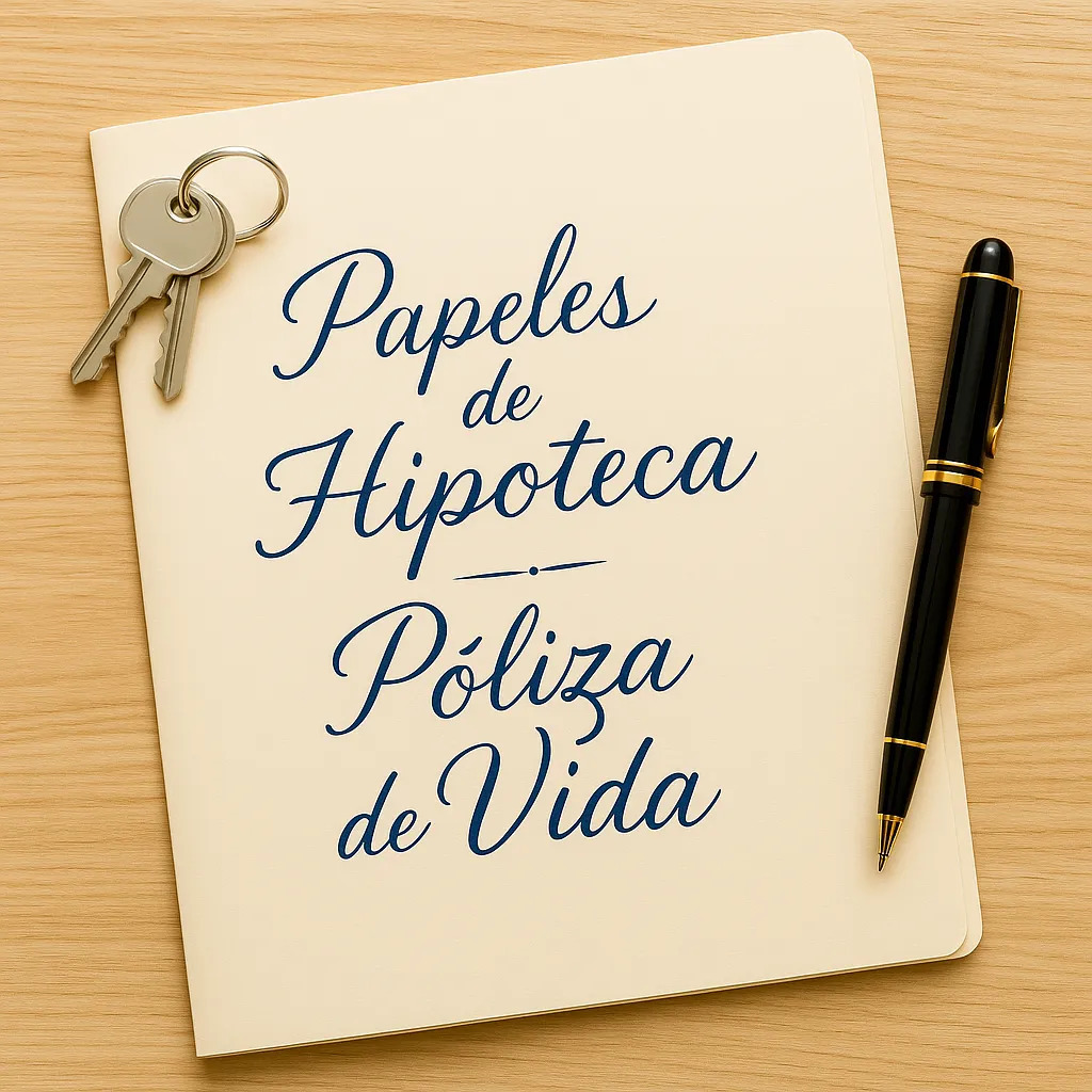 Carpeta con llaves y un bolígrafo sobre una mesa, con documentos titulados ‘Papeles de Hipoteca’ y ‘Póliza de Vida’, representando pólizas a término.