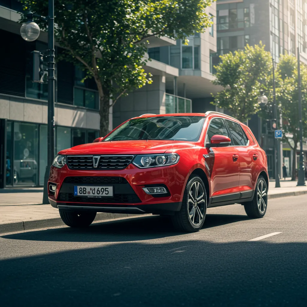 Auto rojo en una calle urbana que representa opciones de seguro de auto: cobertura completa, daños a terceros y seguro obligatorio