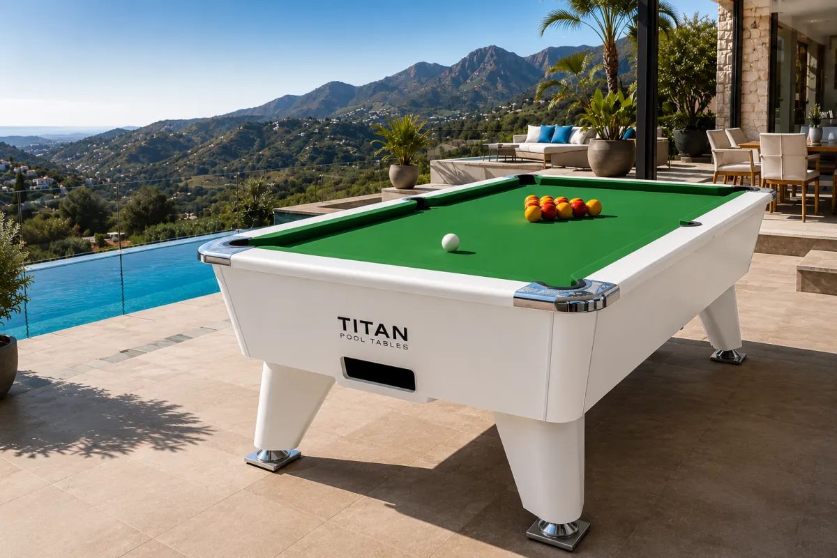 TITAN Outback Outdoor Pro British slate bed pool table with green cloth installed at a luxury villa in Spain