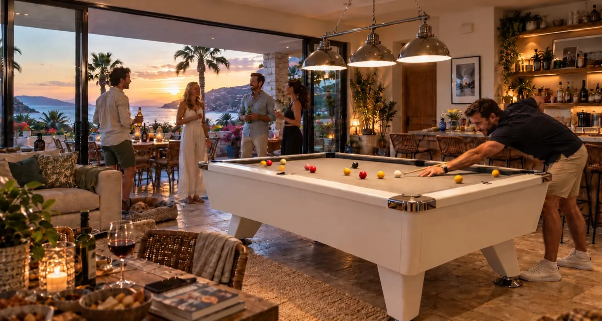 Friends enjoying a game around a white British pool table with green cloth in a luxury Mediterranean home, showcasing premium home entertainment.