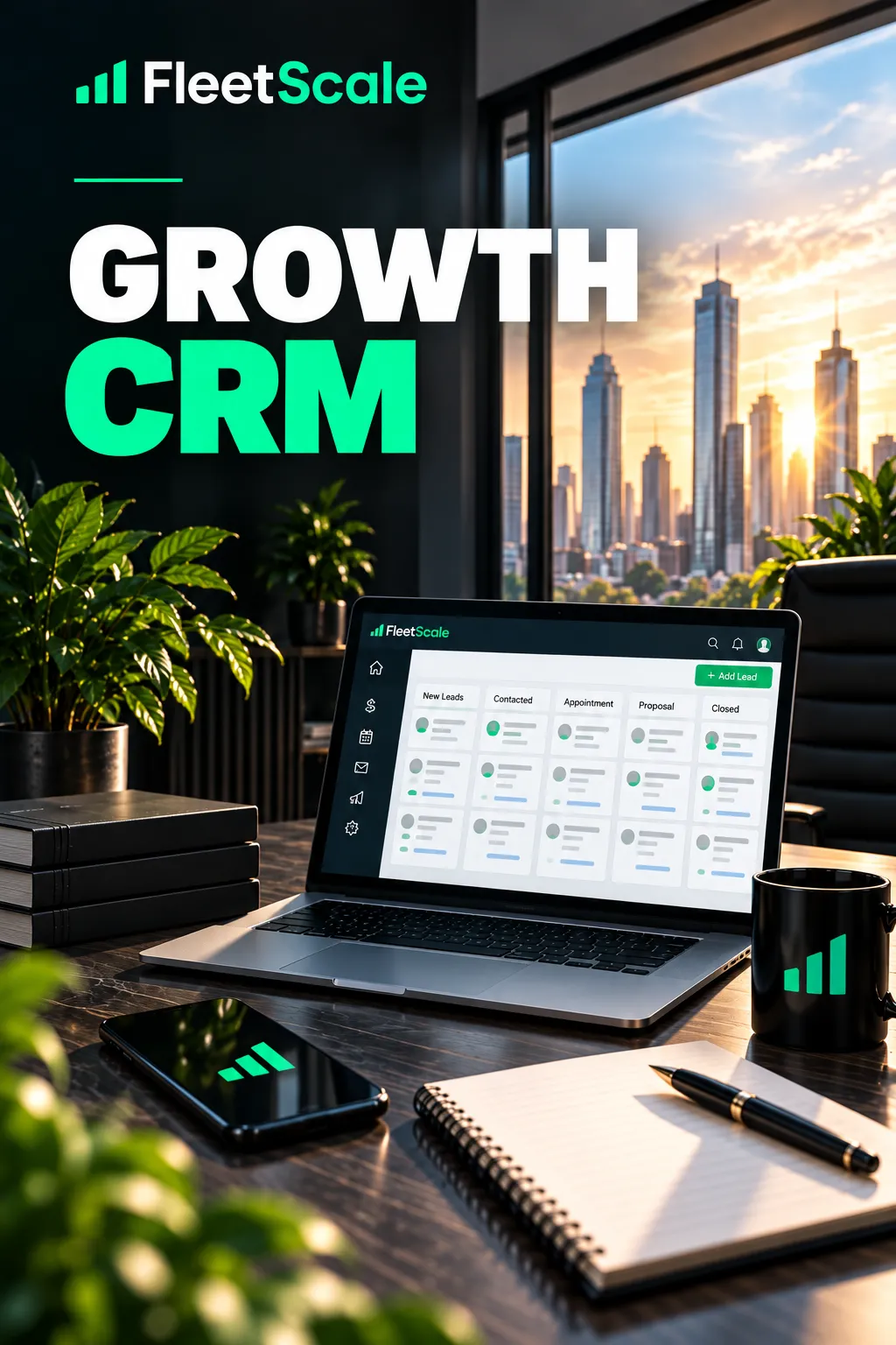 FleetScale Growth CRM dashboard graphic on laptop