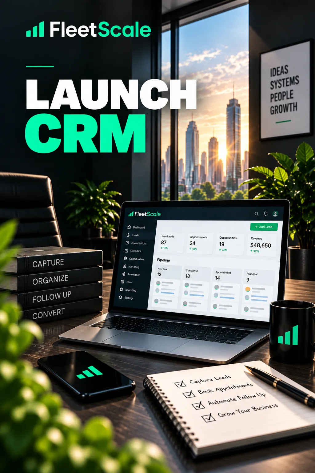 FleetScale Launch CRM dashboard graphic on laptop