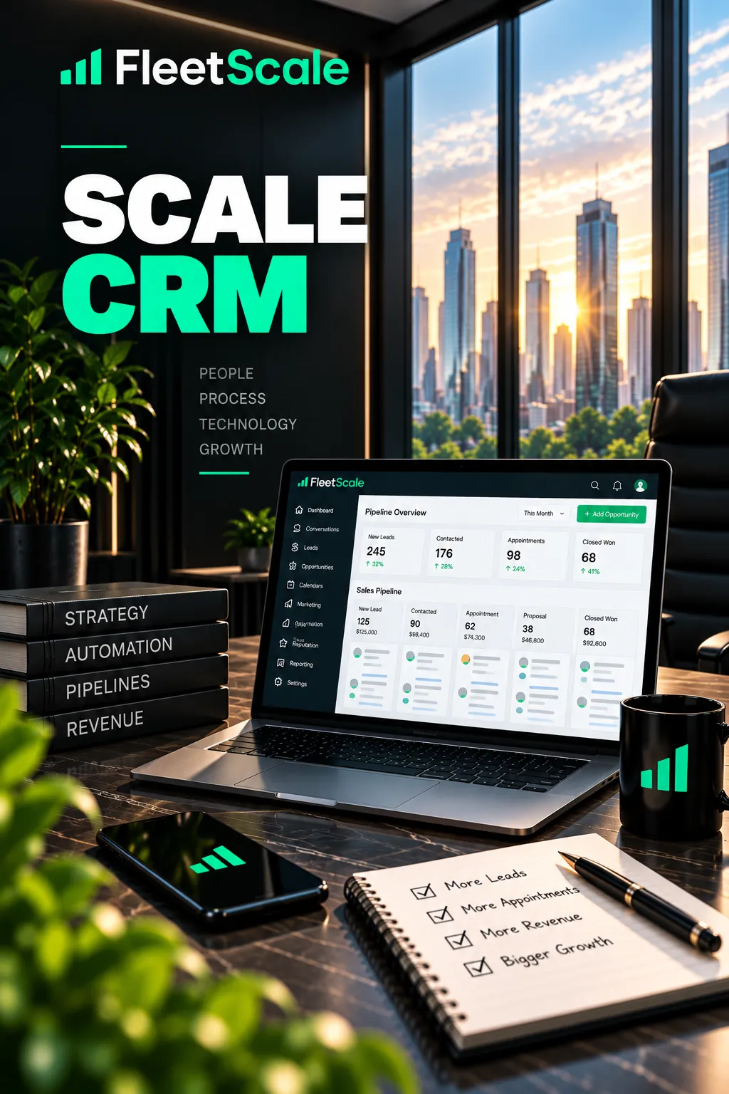 FleetScale Scale CRM dashboard graphic on laptop
