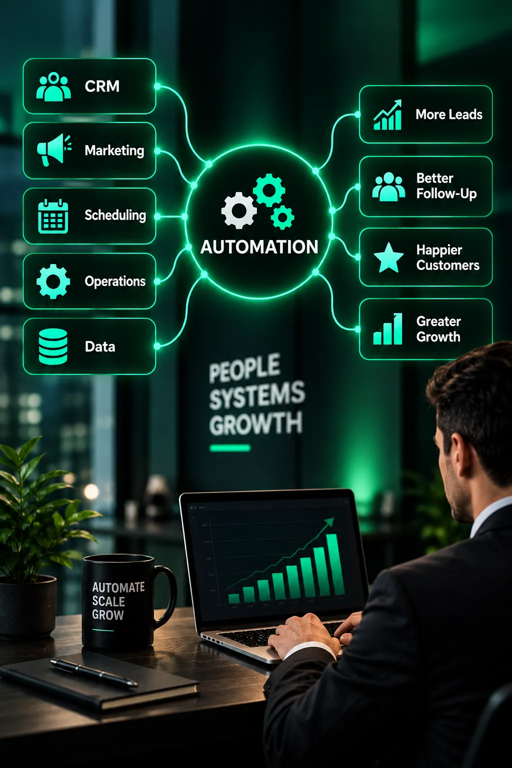 Business owner reviewing an automation diagram connecting CRM, marketing, scheduling and operations