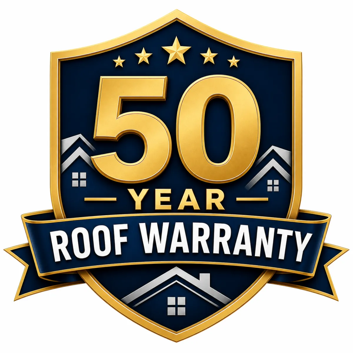 50-year warranty badge with gold lettering and laurel design, emphasizing long-lasting quality for roofing and solar services.