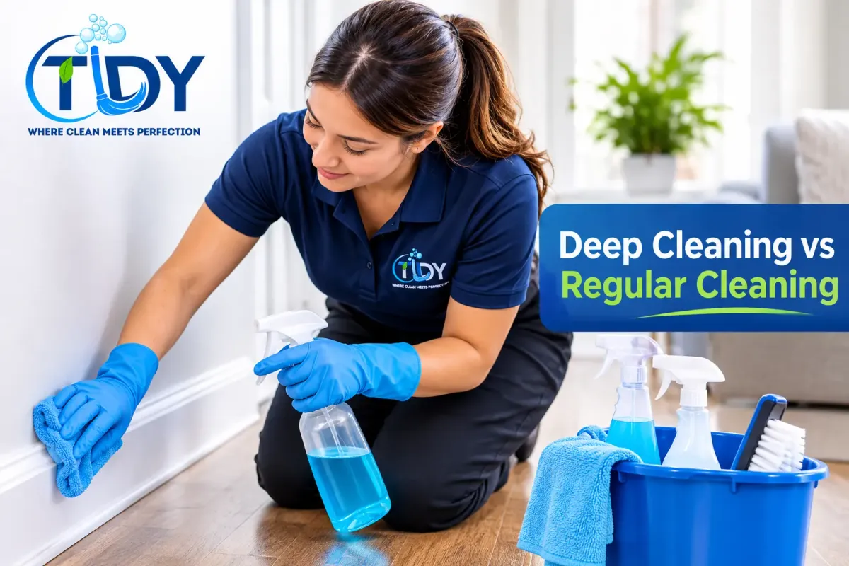 Tidy House Keepers cleaner carefully scrubbing a baseboard during a deep house cleaning