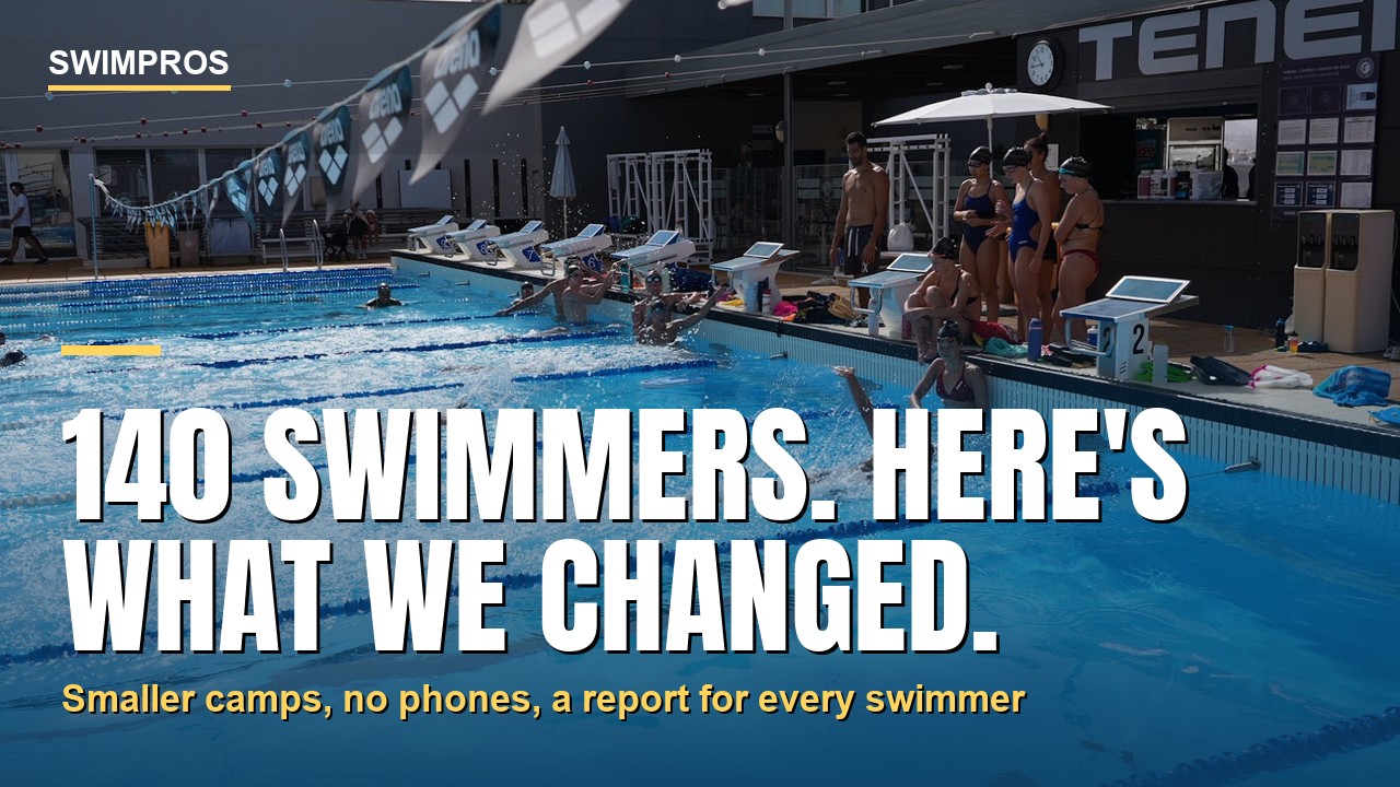 Swimmers training at the Tenerife Top Training pool during a Swimpros summer camp, with the headline 140 swimmers, here's what we changed