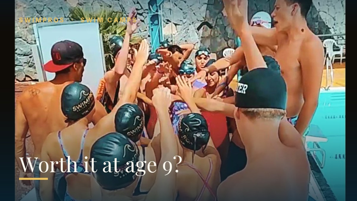 Young junior swimmers training with a coach at a Swimpros performance swim camp