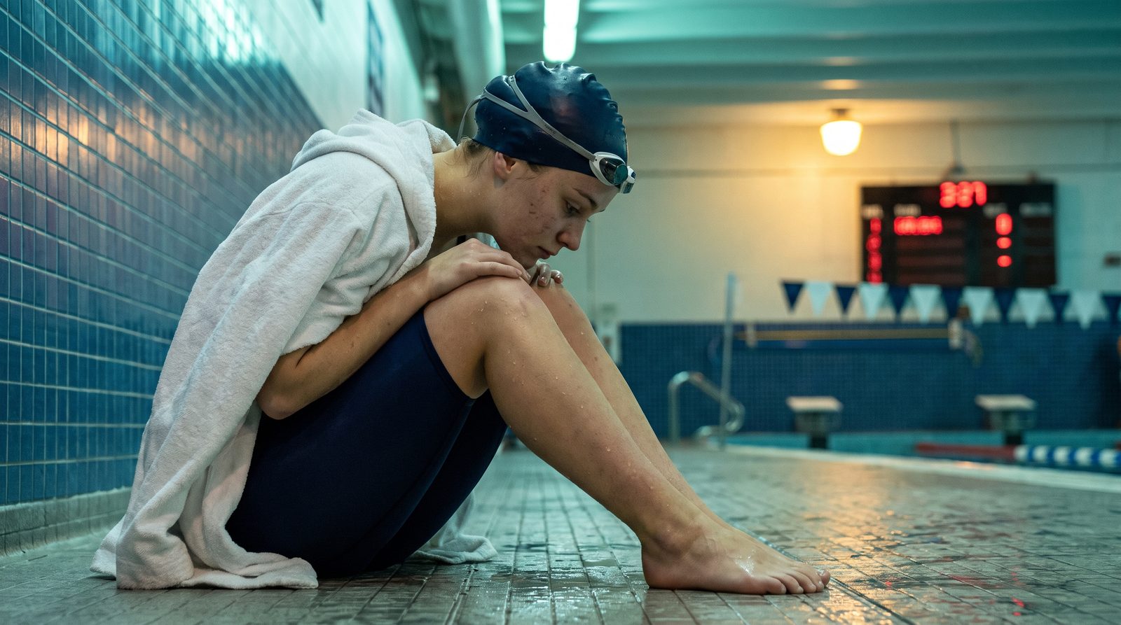 Teen competitive swimmer sitting poolside after a race, learning to handle disappointment - Swimpros mental performance coaching