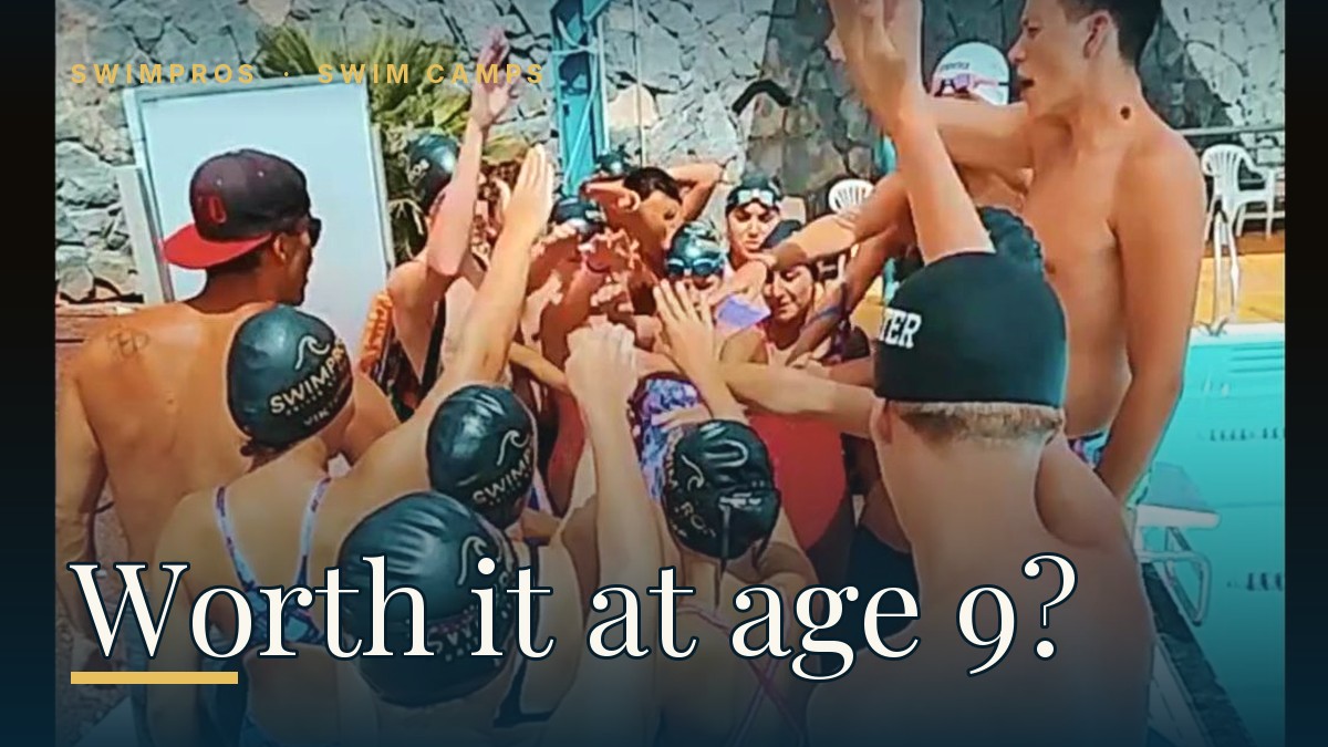 Young junior swimmers training with a coach at a Swimpros performance swim camp