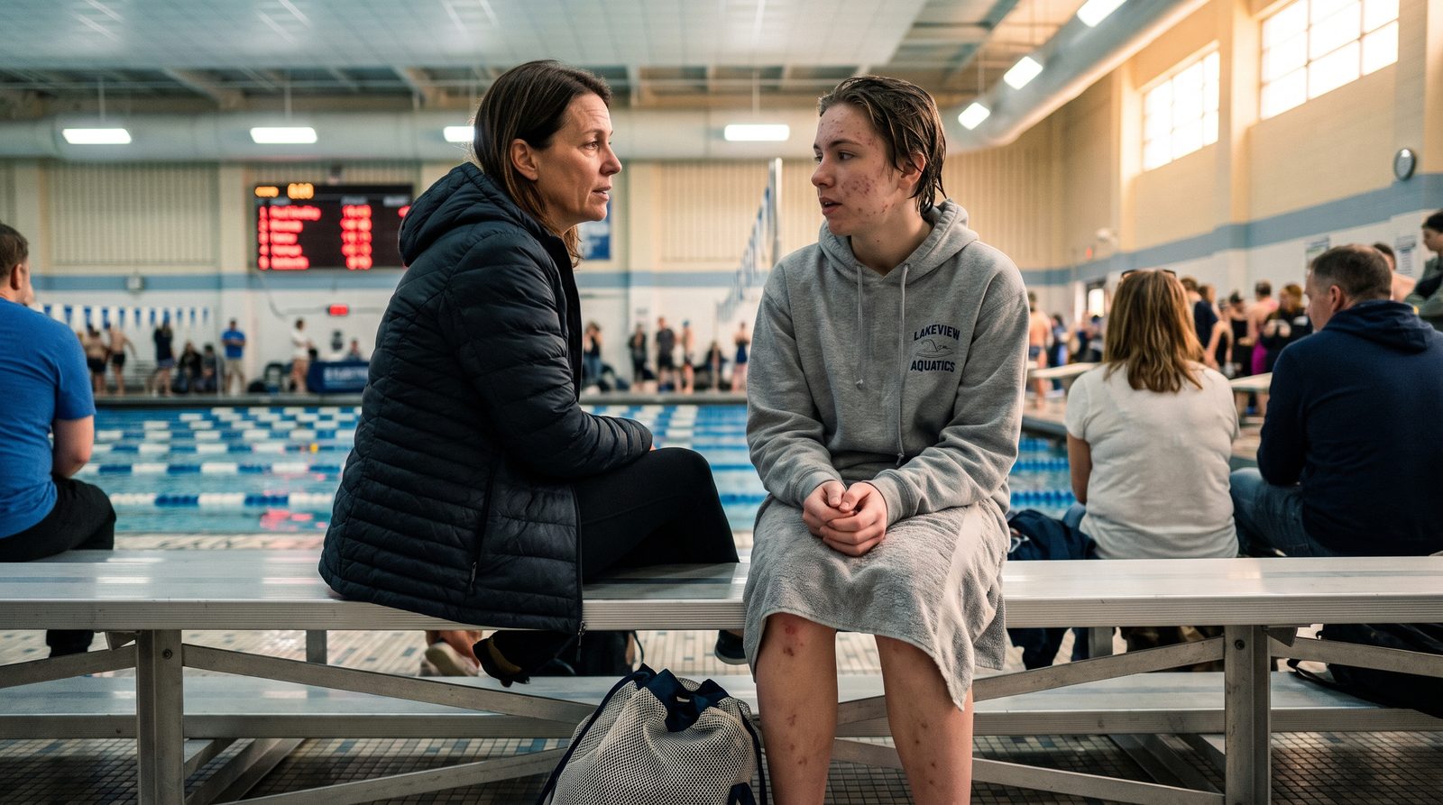 Swim parent and teen swimmer talking calmly on the bleachers at a meet - Swimpros parent coaching