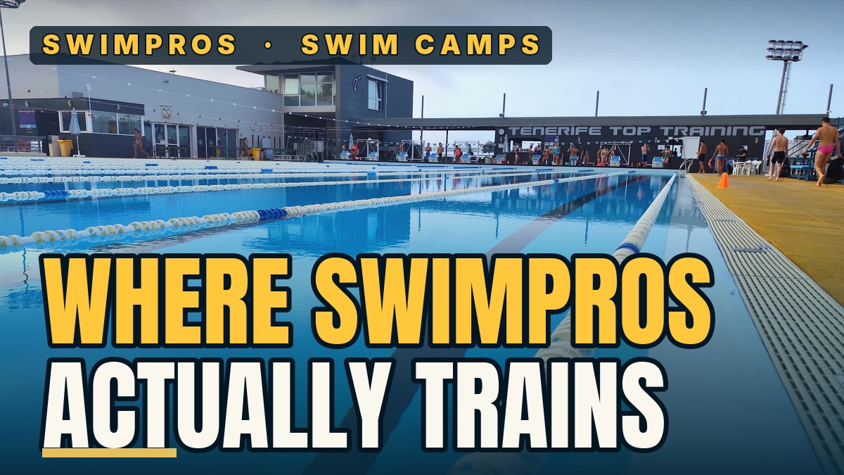 Empty long-course training pool at the real Swimpros Tenerife facility in morning light