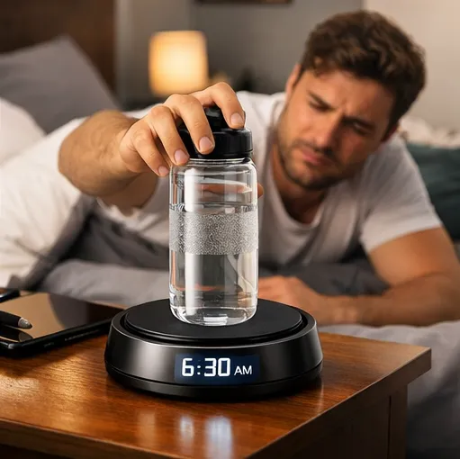 SipWake Alarm Clock glowing in dark studio