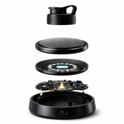 Exploded view of SipWake alarm technical components and internal circuitry