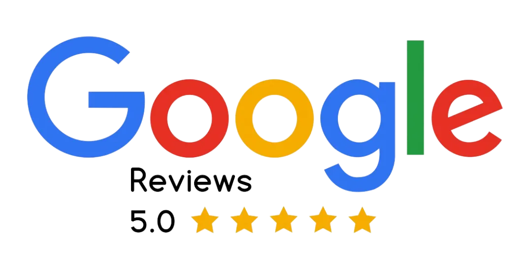 Google Reviews logo with a rating of 5.0 stars, featuring the word 'Google' in multi-colored letters and five yellow stars below it.