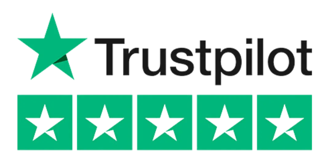 Trustpilot logo with a green star and the word 'Trustpilot' in black, followed by five green star ratings.