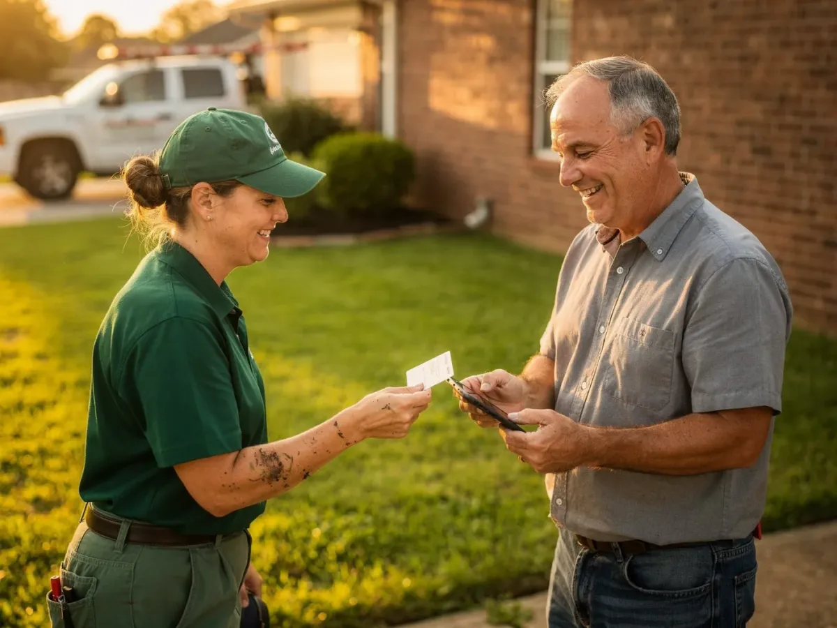 Landscaping business owner handing a review card to a smiling homeowner on his front porch