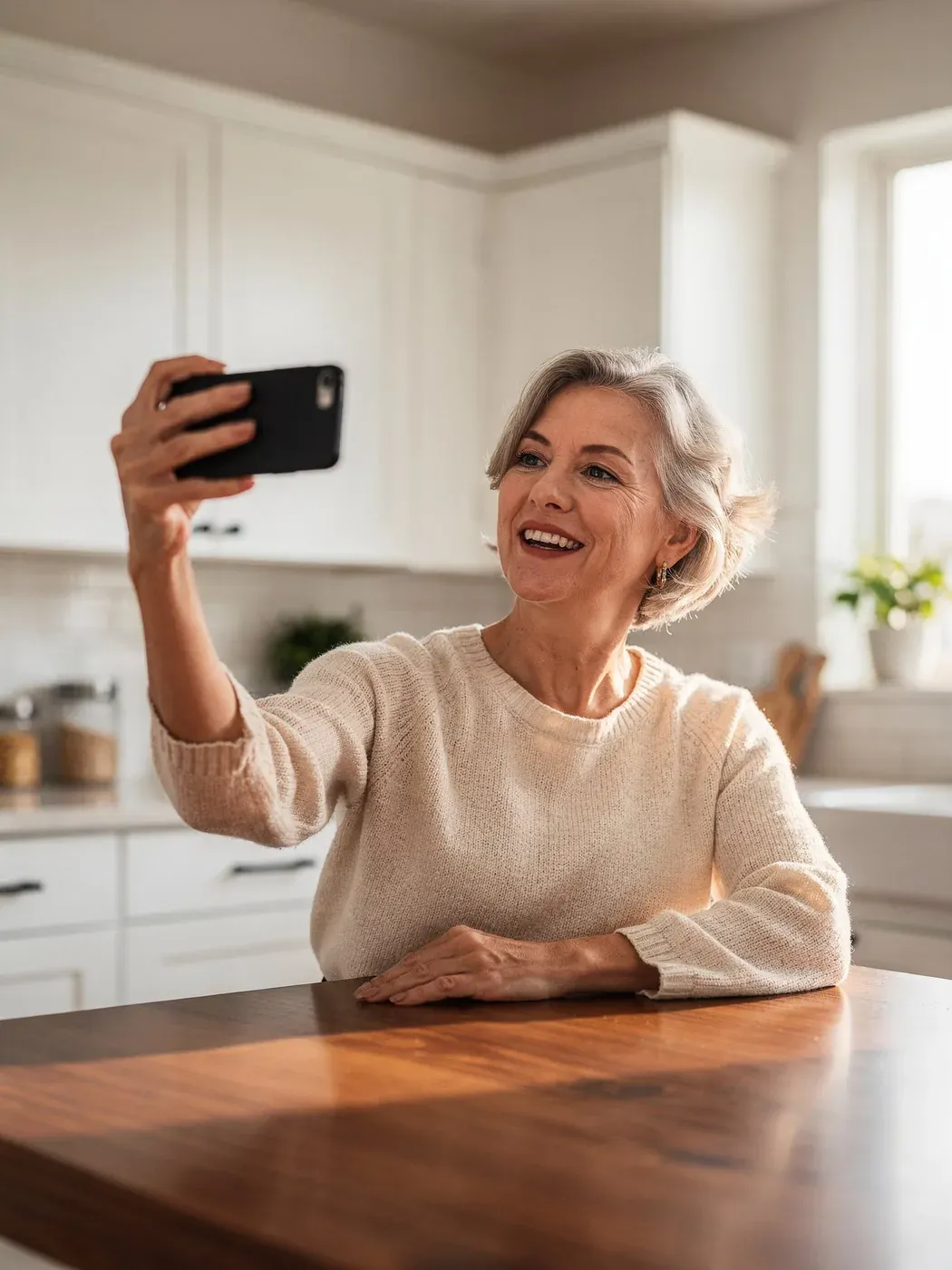 Homeowner recording a video testimonial on her phone in her newly remodeled kitchen