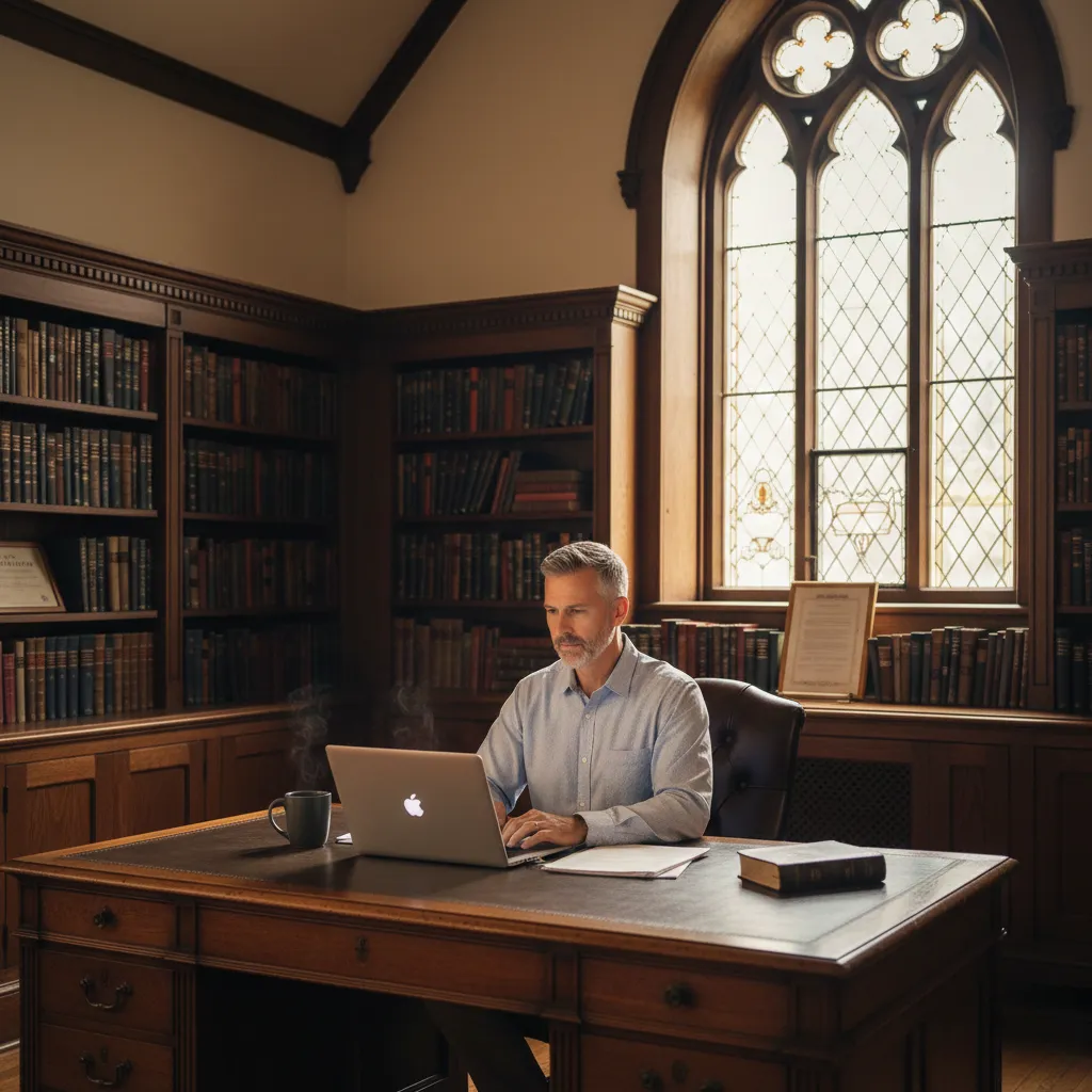 Church administrator viewing AI chat conversations on a laptop while volunteers serve