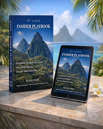 3D mockup of the Saint Lucia Insider Playbook ebook by Kirk Elliott featuring the Pitons landscape travel guide for first-time visitors to Saint Lucia