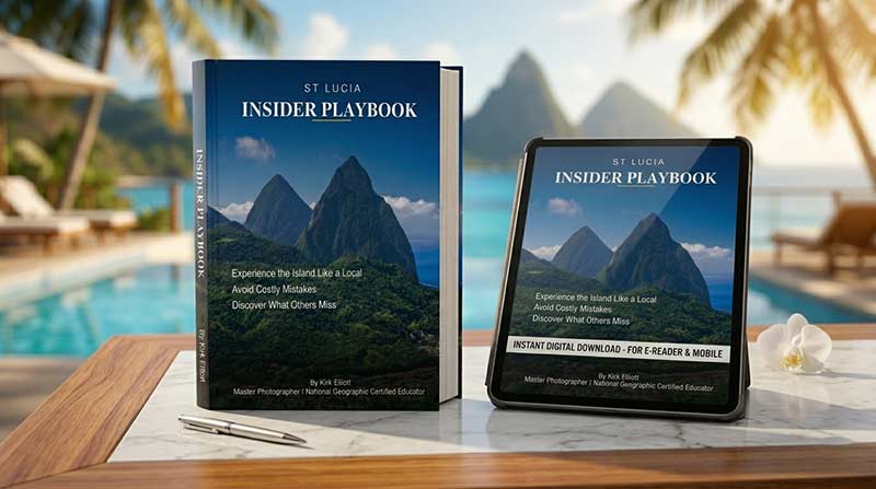 3D mockup of the Saint Lucia Insider Playbook travel guide by Kirk Elliott displayed beside a Caribbean pool with the Pitons in the background